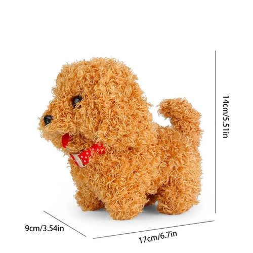 An electric puppy toy, a robotic dog, a simulated plush electronic dog, a walking and barking electronic pet, and a holiday present