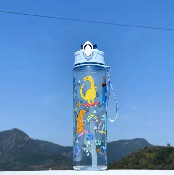 Kids' Summer Water Cup: 750ml Dinosaur Water Bottle with Silicone Straw and Leakproof Plastic Water Bottle