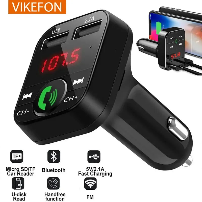 Hands-free MP3 player, Bluetooth receiver, FM transmitter, wireless audio adapter, dual USB fast car charger, and Bluetooth car kit