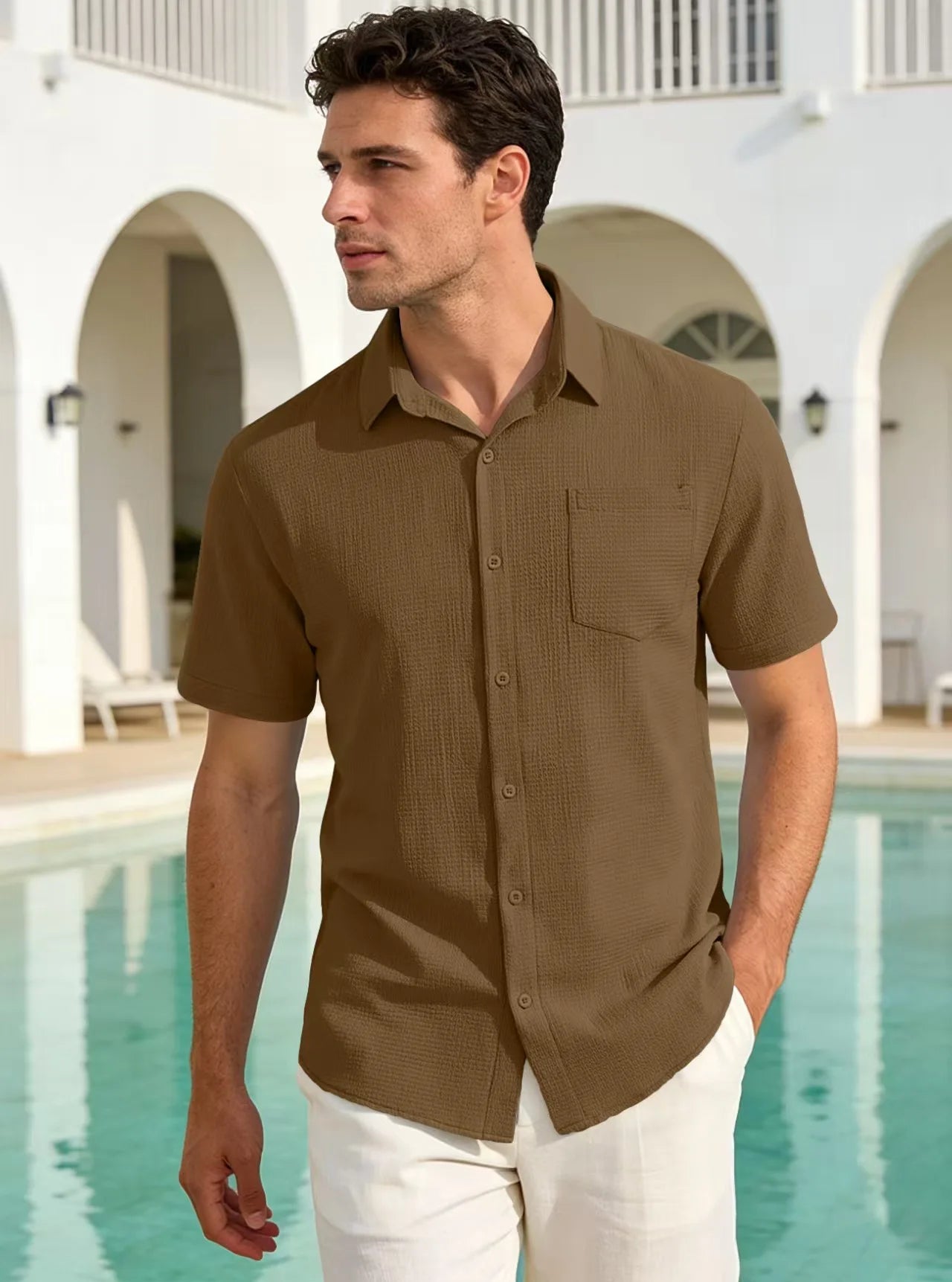 Men's Versatile Smart Casual Summer Solid Lapel Pocket Short Sleeve T-Shirt