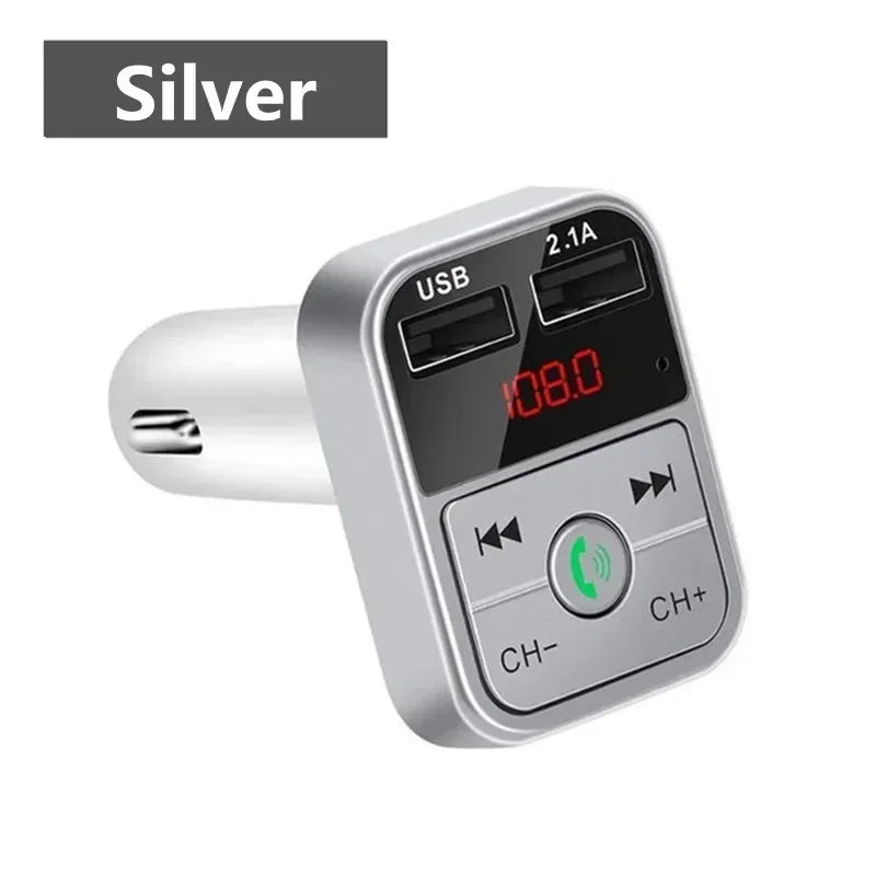 Hands-free MP3 player, Bluetooth receiver, FM transmitter, wireless audio adapter, dual USB fast car charger, and Bluetooth car kit