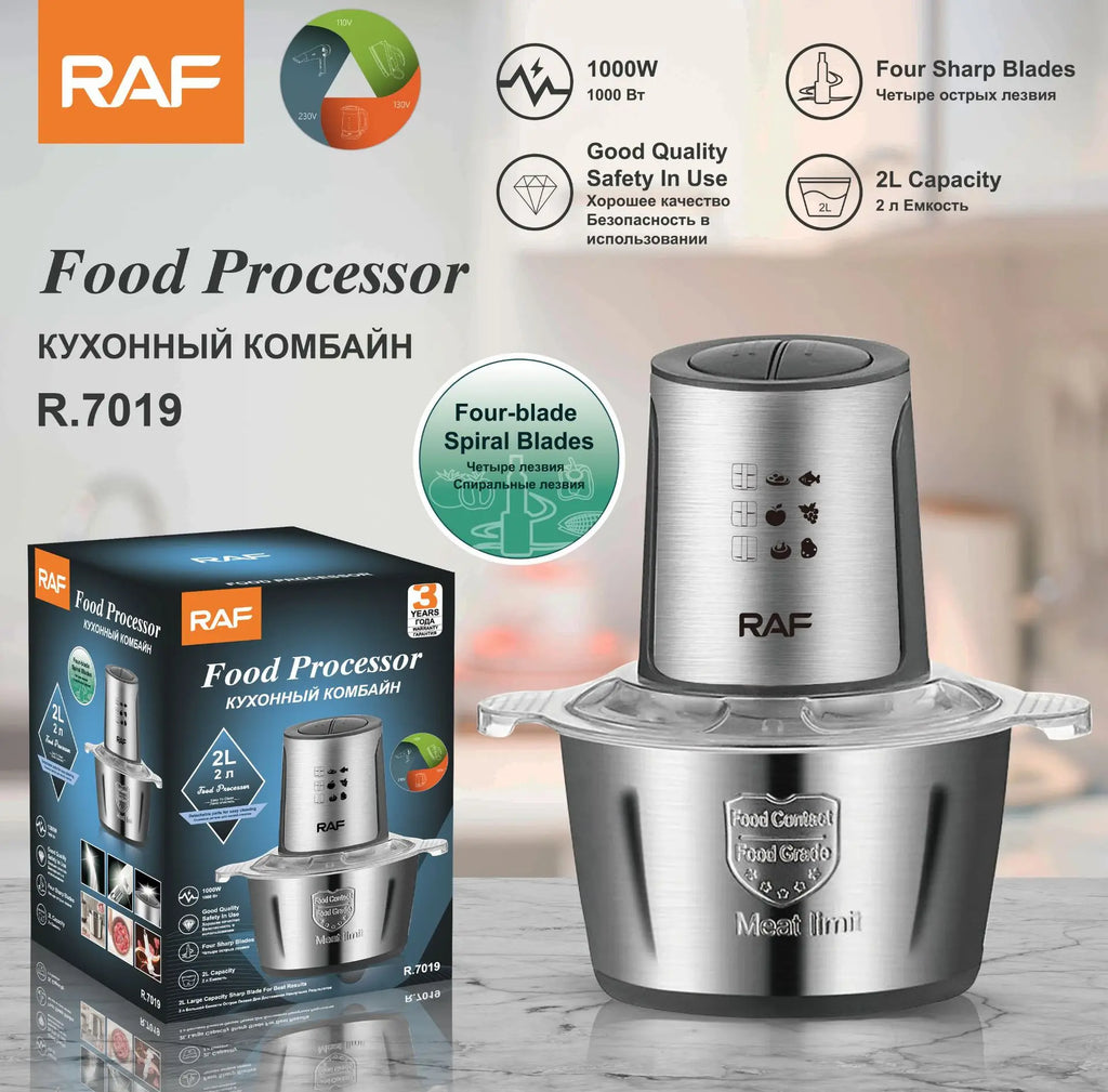 Two-speed electric stainless steel meat grinder, food processor, kitchen slicer, egg beater, and mincer for vegetables and garlic