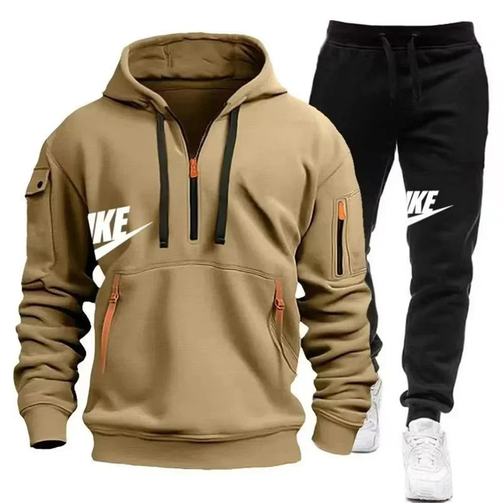 Men's casual sportswear warm suit with a zipper hoodie and trousers for autumn and winter
