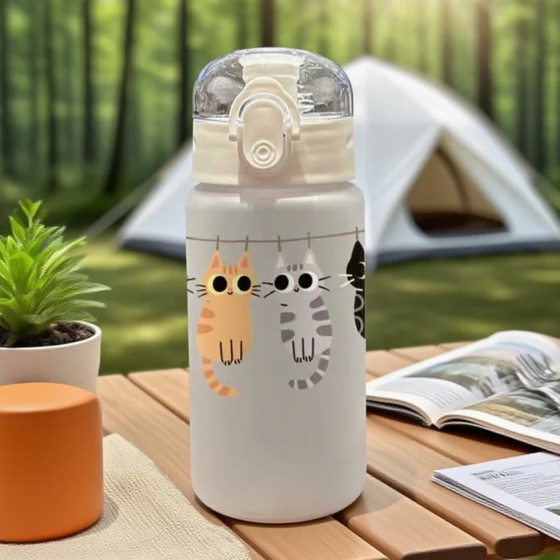 550ML Adorable Cat Print Water Bottle Straw Cup Plastic Cup for Children's Outdoor School Travel Drinking Water Bottle, 3D Printed