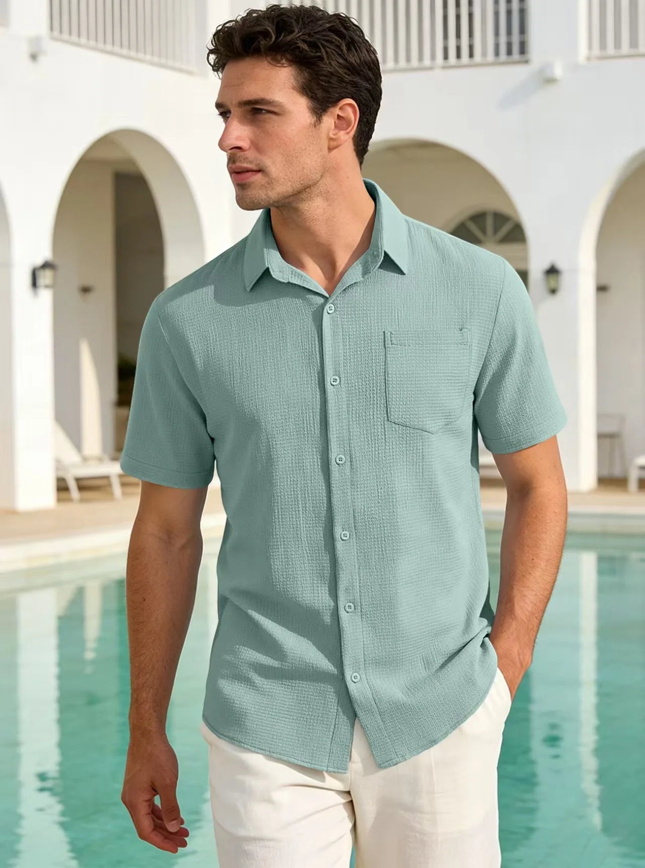 Men's Versatile Smart Casual Summer Solid Lapel Pocket Short Sleeve T-Shirt