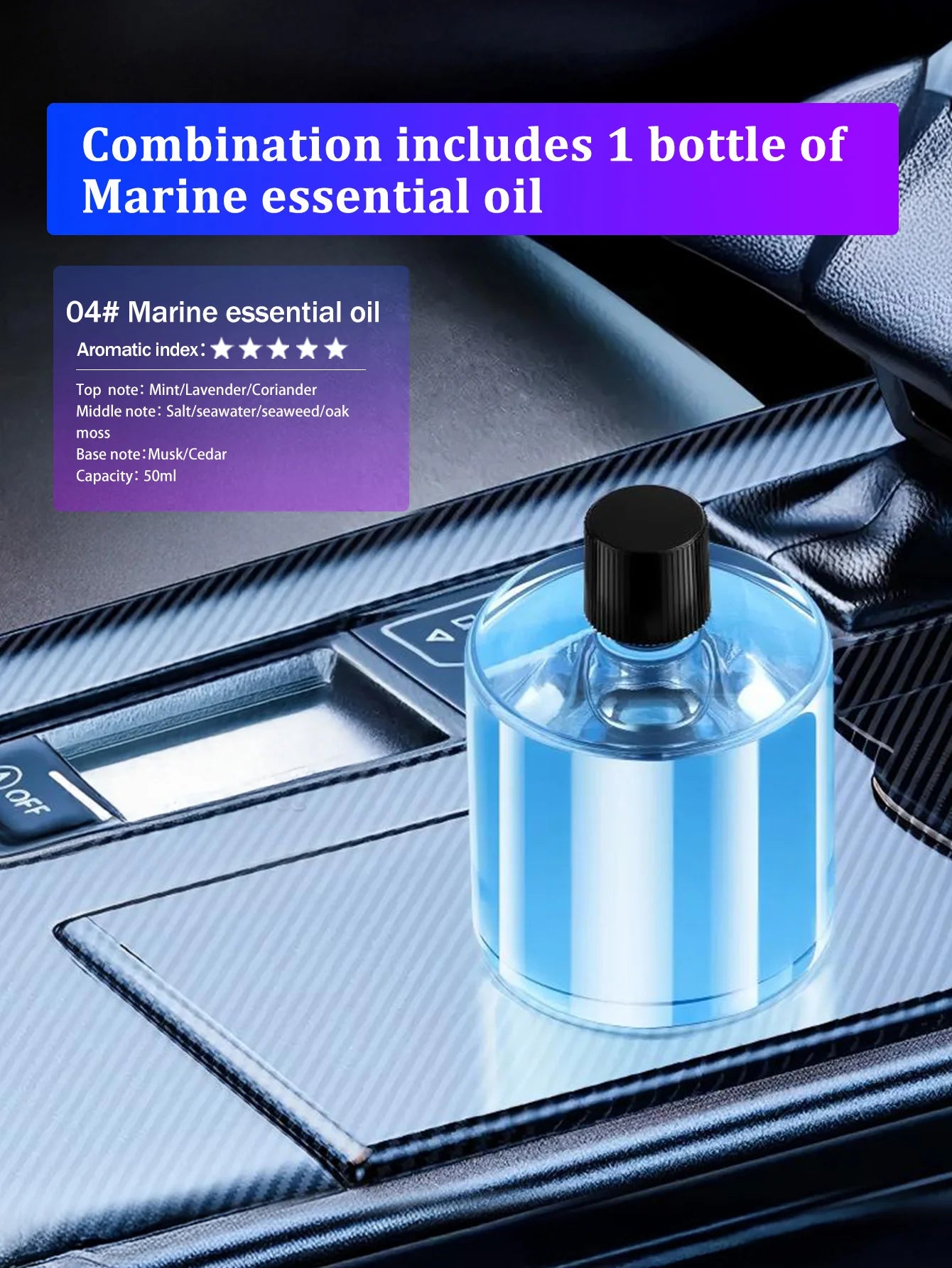 Five different kinds of essential oils, a car-mounted aroma diffuser, and a rechargeable multicoloured romantic starlight lamp