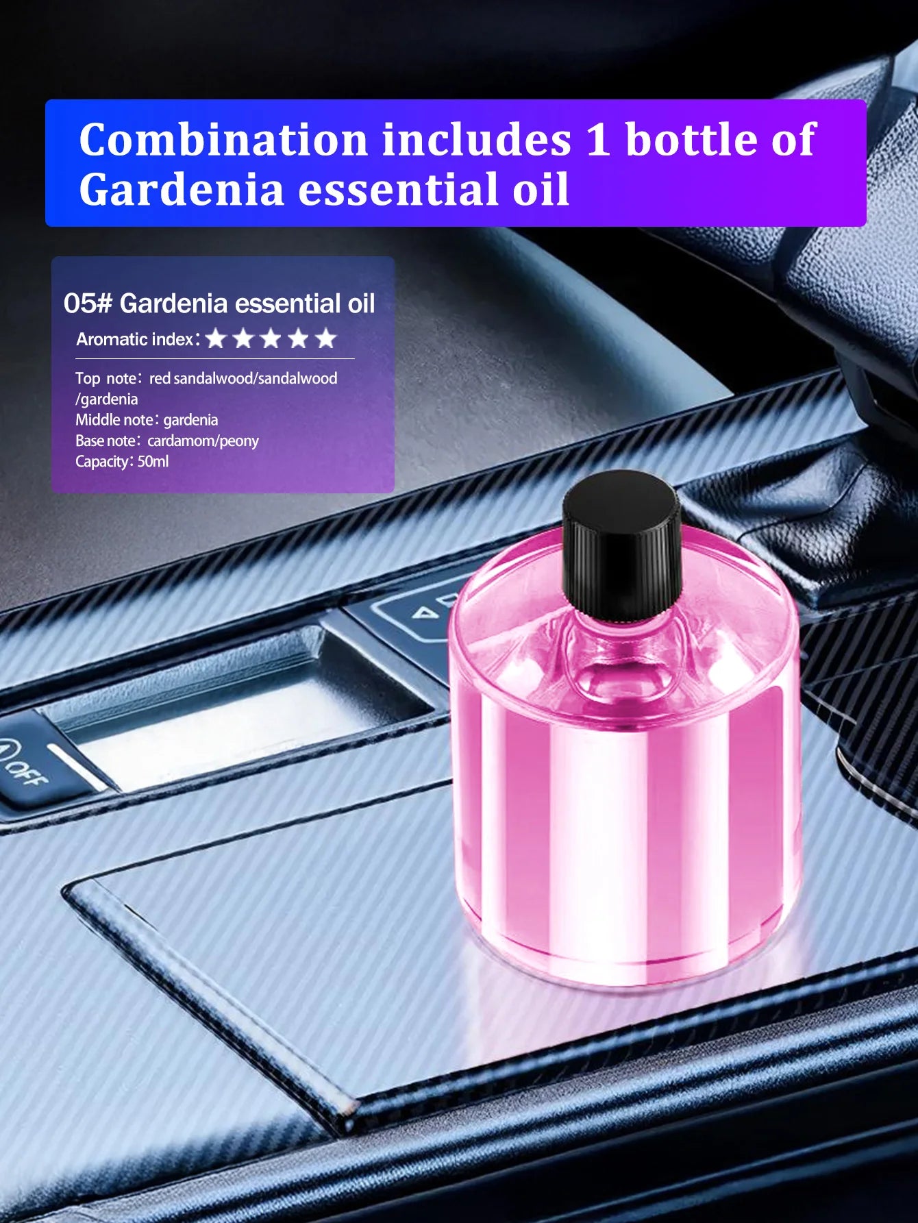 Five different kinds of essential oils, a car-mounted aroma diffuser, and a rechargeable multicoloured romantic starlight lamp