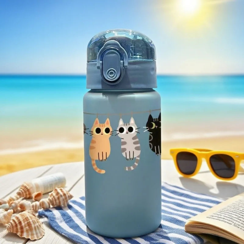 550ML Adorable Cat Print Water Bottle Straw Cup Plastic Cup for Children's Outdoor School Travel Drinking Water Bottle, 3D Printed