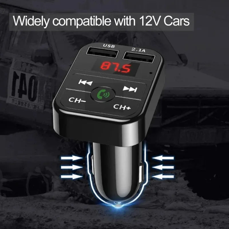 Hands-free MP3 player, Bluetooth receiver, FM transmitter, wireless audio adapter, dual USB fast car charger, and Bluetooth car kit
