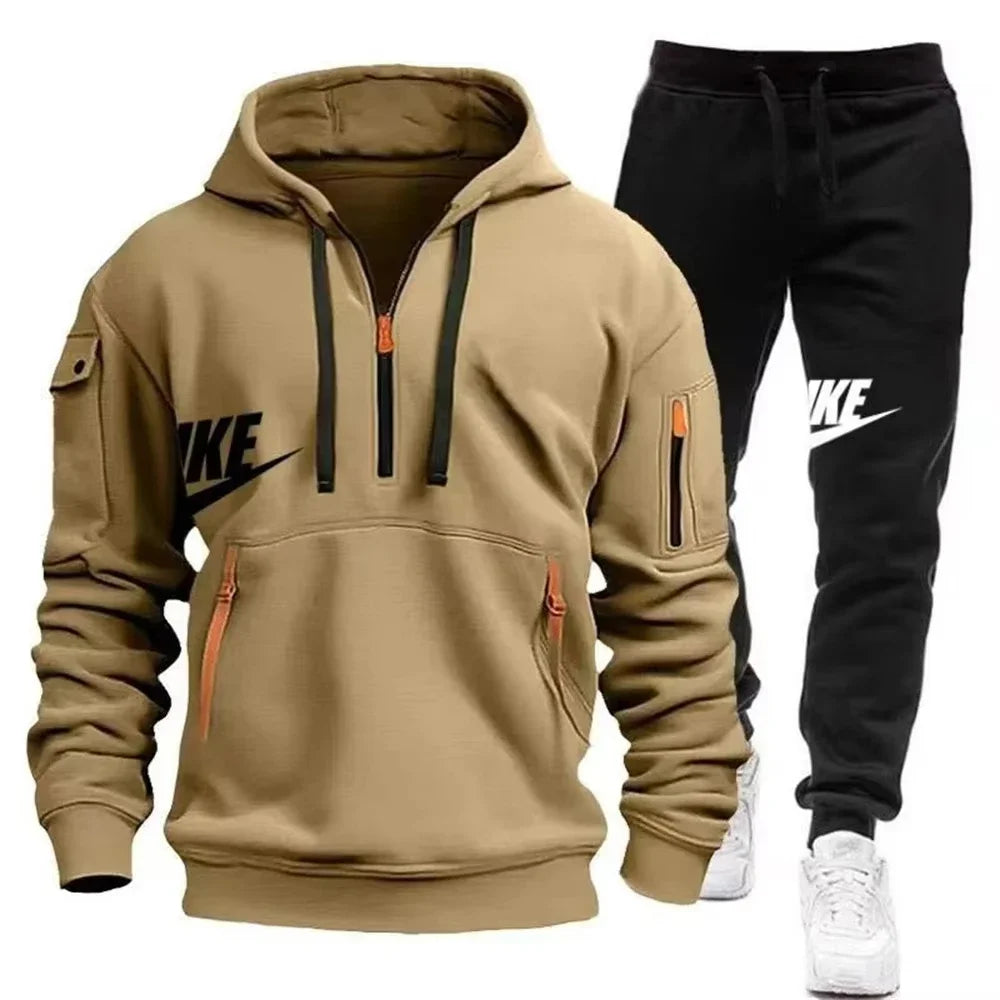 Men's casual sportswear warm suit with a zipper hoodie and trousers for autumn and winter