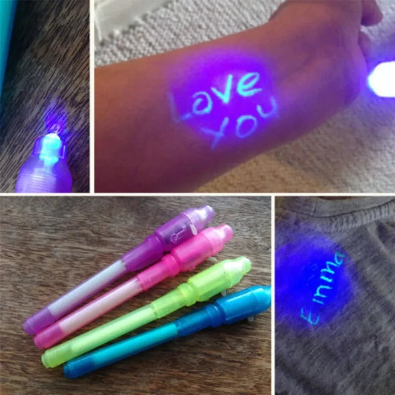 One-fourth of an invisible ink pen with a UV light, a magic marker for secret messages, treasure box prizes, party favours for kids, and toys as gifts