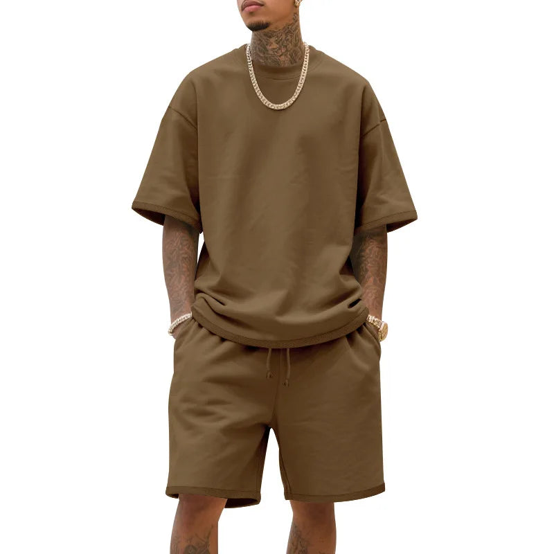 Men's Summer American-Style Loose High Street Hip-Hop Sport Short-Sleeved Set with Shorts, 100% Cotton, 2025