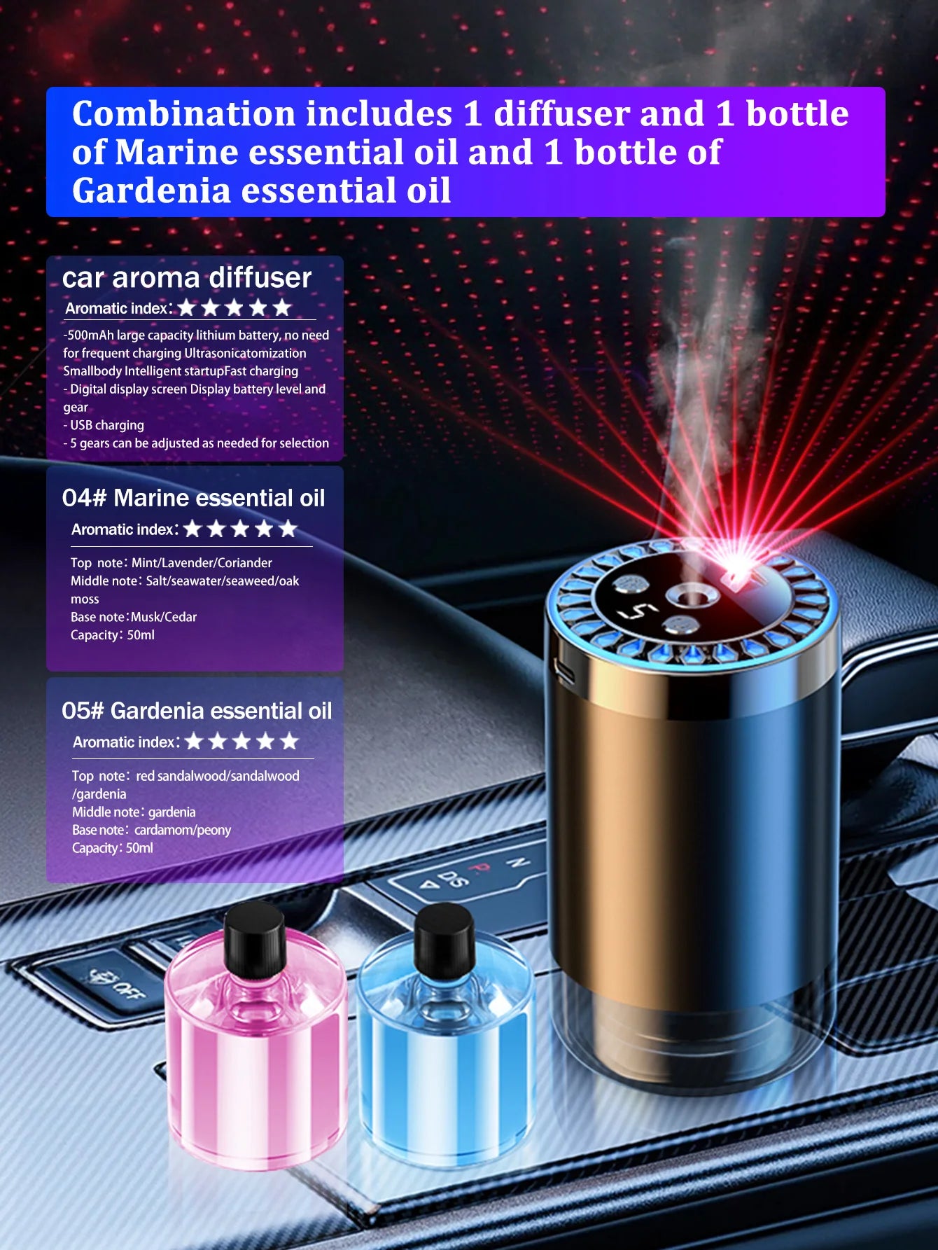 Five different kinds of essential oils, a car-mounted aroma diffuser, and a rechargeable multicoloured romantic starlight lamp