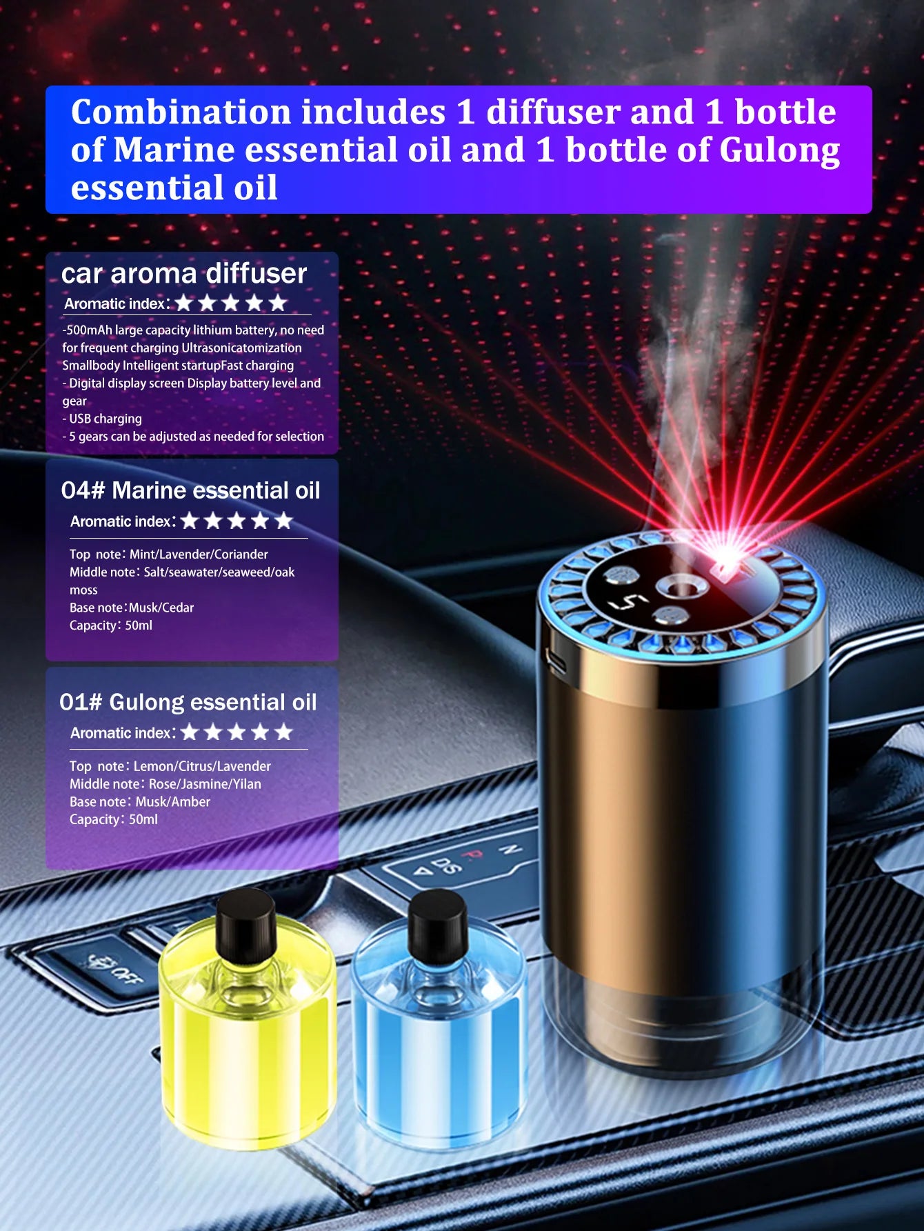Five different kinds of essential oils, a car-mounted aroma diffuser, and a rechargeable multicoloured romantic starlight lamp