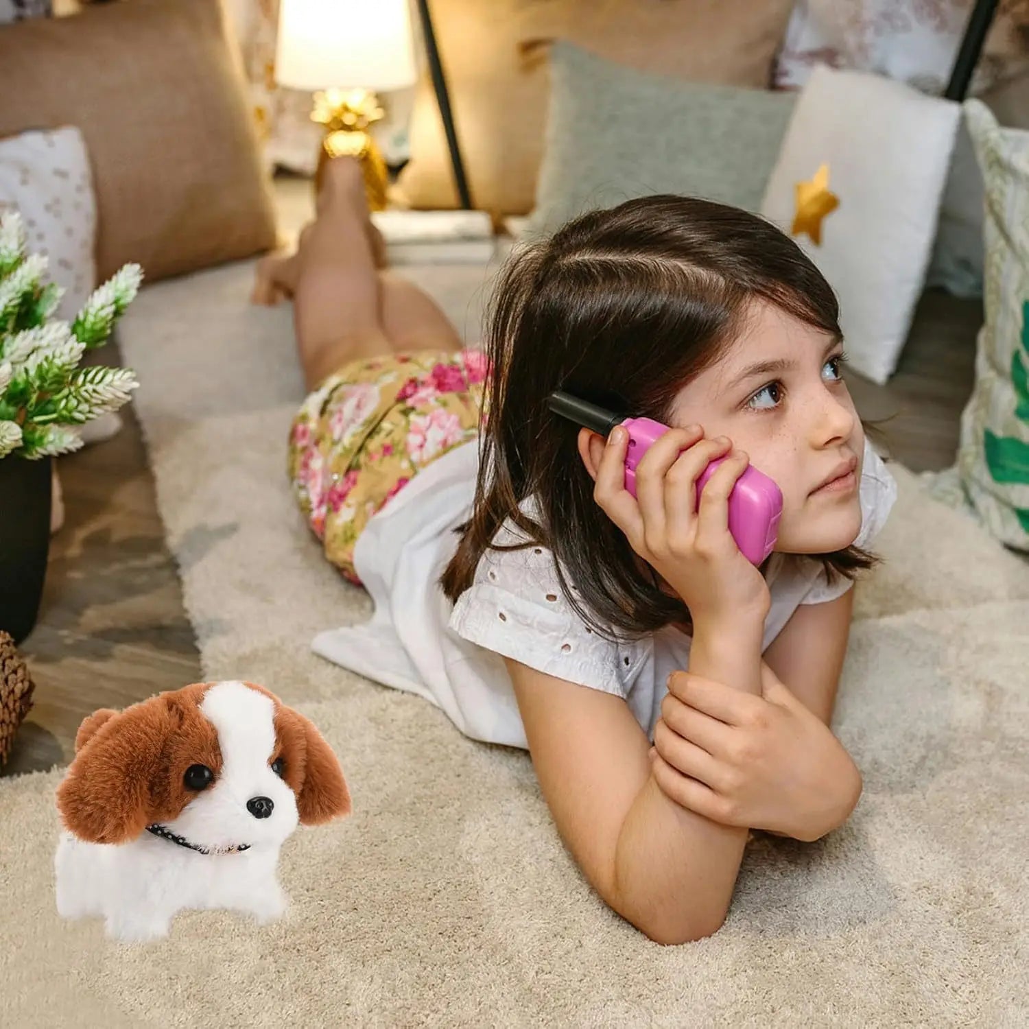 An electric puppy toy, a robotic dog, a simulated plush electronic dog, a walking and barking electronic pet, and a holiday present