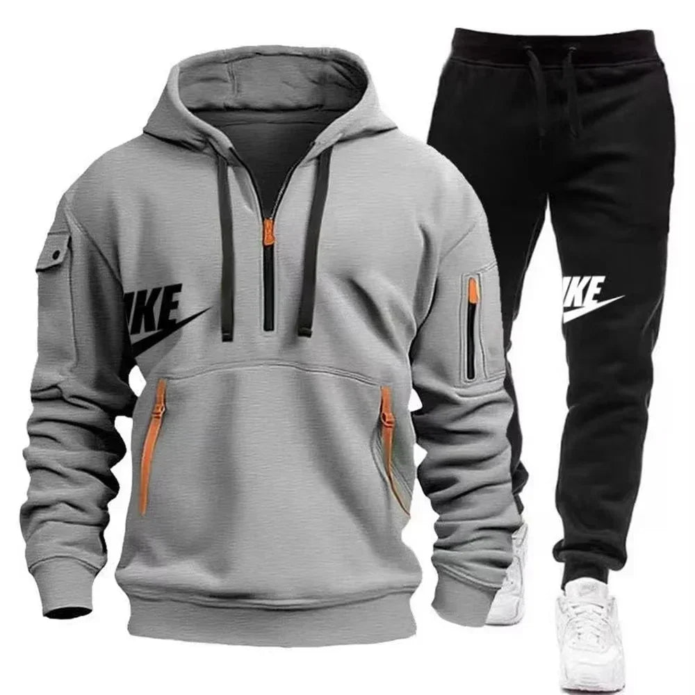 Men's casual sportswear warm suit with a zipper hoodie and trousers for autumn and winter