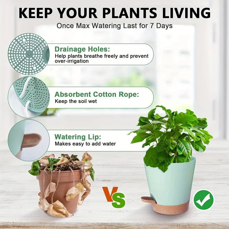 Five Nursery Planting Pot Plastic Self-Watering Planters with a Drainage Hole for Indoor Plants 7/6.5/6/5.5/5 Inches