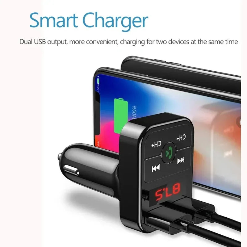 Hands-free MP3 player, Bluetooth receiver, FM transmitter, wireless audio adapter, dual USB fast car charger, and Bluetooth car kit