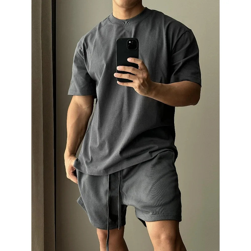 Men's Trendy European and American High Street Loose Sports and Leisure T-shirt, Pure Cotton Short Sleeved Shorts Set