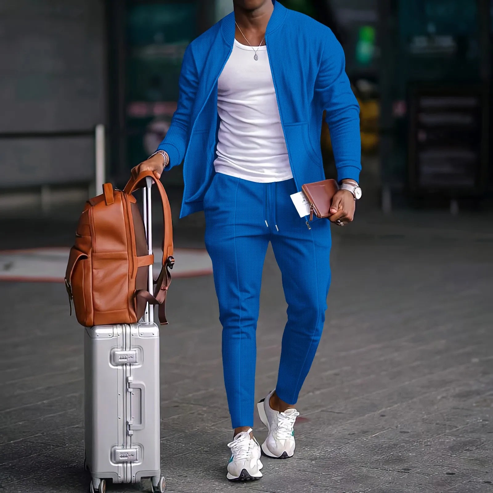 Men's stand collar, solid colour baseball casual, waffle full trousers, two men's suits, men's clothing, spring and fall 2026