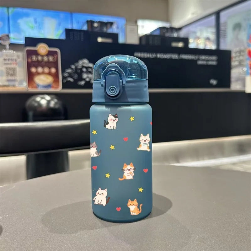550ML Adorable Cat Print Water Bottle Straw Cup Plastic Cup for Children's Outdoor School Travel Drinking Water Bottle, 3D Printed