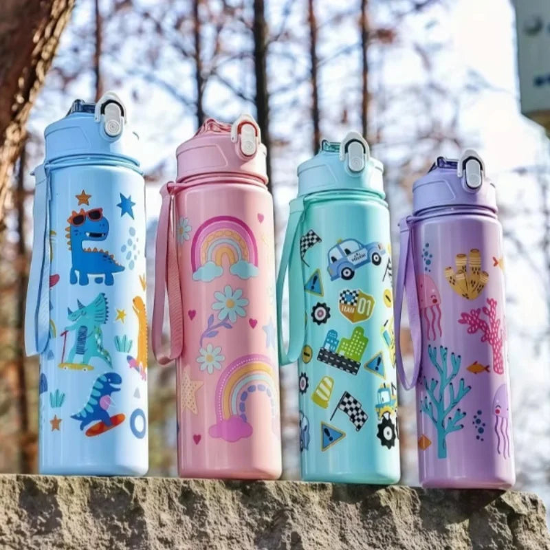 Kids' Summer Water Cup: 750ml Dinosaur Water Bottle with Silicone Straw and Leakproof Plastic Water Bottle
