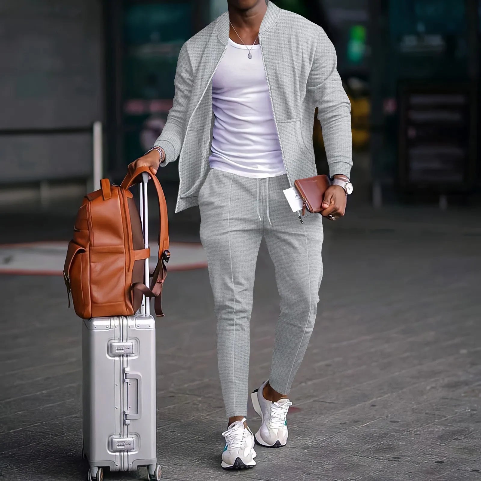 Men's stand collar, solid colour baseball casual, waffle full trousers, two men's suits, men's clothing, spring and fall 2026