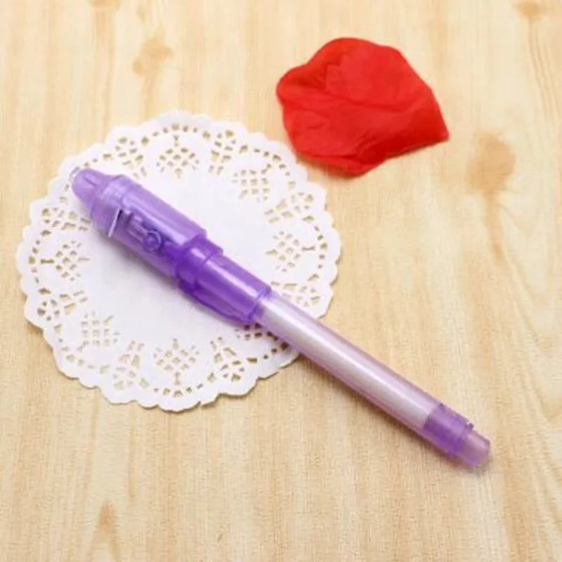 One-fourth of an invisible ink pen with a UV light, a magic marker for secret messages, treasure box prizes, party favours for kids, and toys as gifts