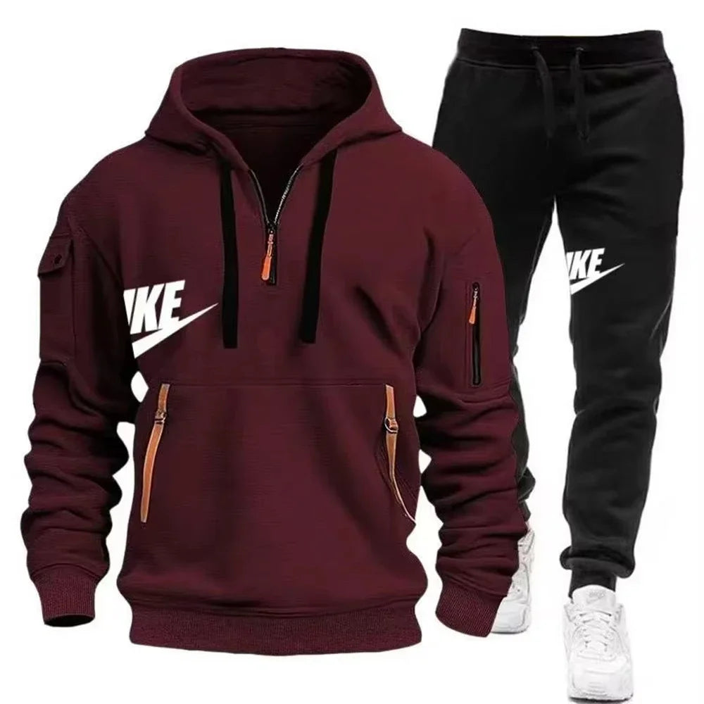 Men's casual sportswear warm suit with a zipper hoodie and trousers for autumn and winter