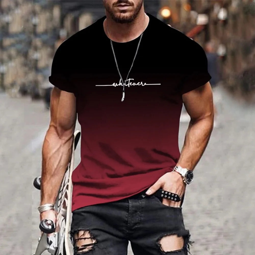 Men's Gradient Letter Printed Comfortable and Breathable Round-Neck T-Shirt for Outdoor Street Fashion in 2025