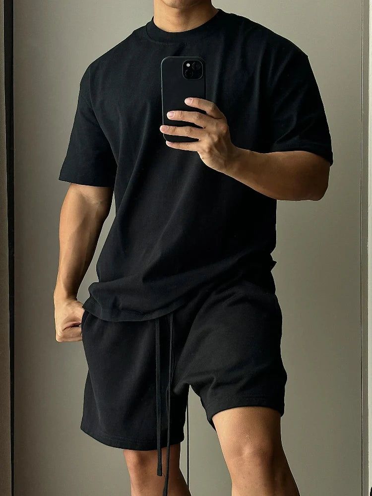 Men's Trendy European and American High Street Loose Sports and Leisure T-shirt, Pure Cotton Short Sleeved Shorts Set