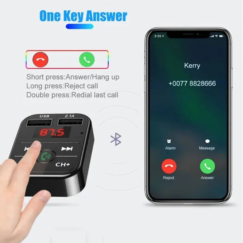 Hands-free MP3 player, Bluetooth receiver, FM transmitter, wireless audio adapter, dual USB fast car charger, and Bluetooth car kit
