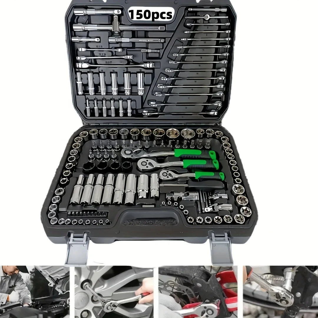 150/46 pieces of a multipurpose, auto-mechanical toolkit with a socket, wrench, and ratchet set