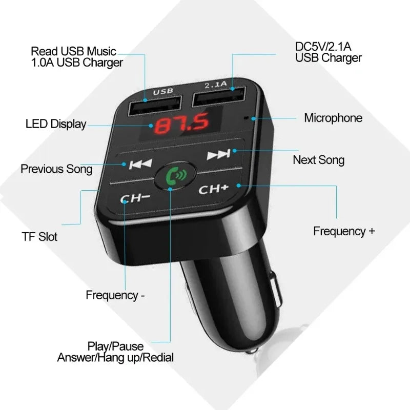 Hands-free MP3 player, Bluetooth receiver, FM transmitter, wireless audio adapter, dual USB fast car charger, and Bluetooth car kit