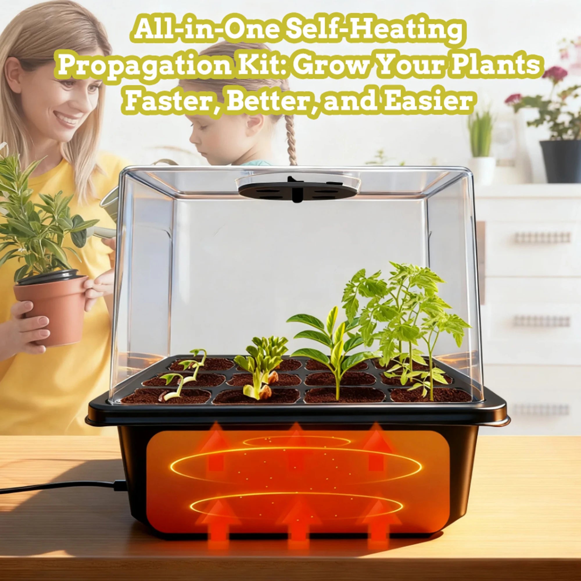 Two-pack propagation trays with a humidity dome, a 24-cell plant starter tray set, and a seed starter kit with built-in heat