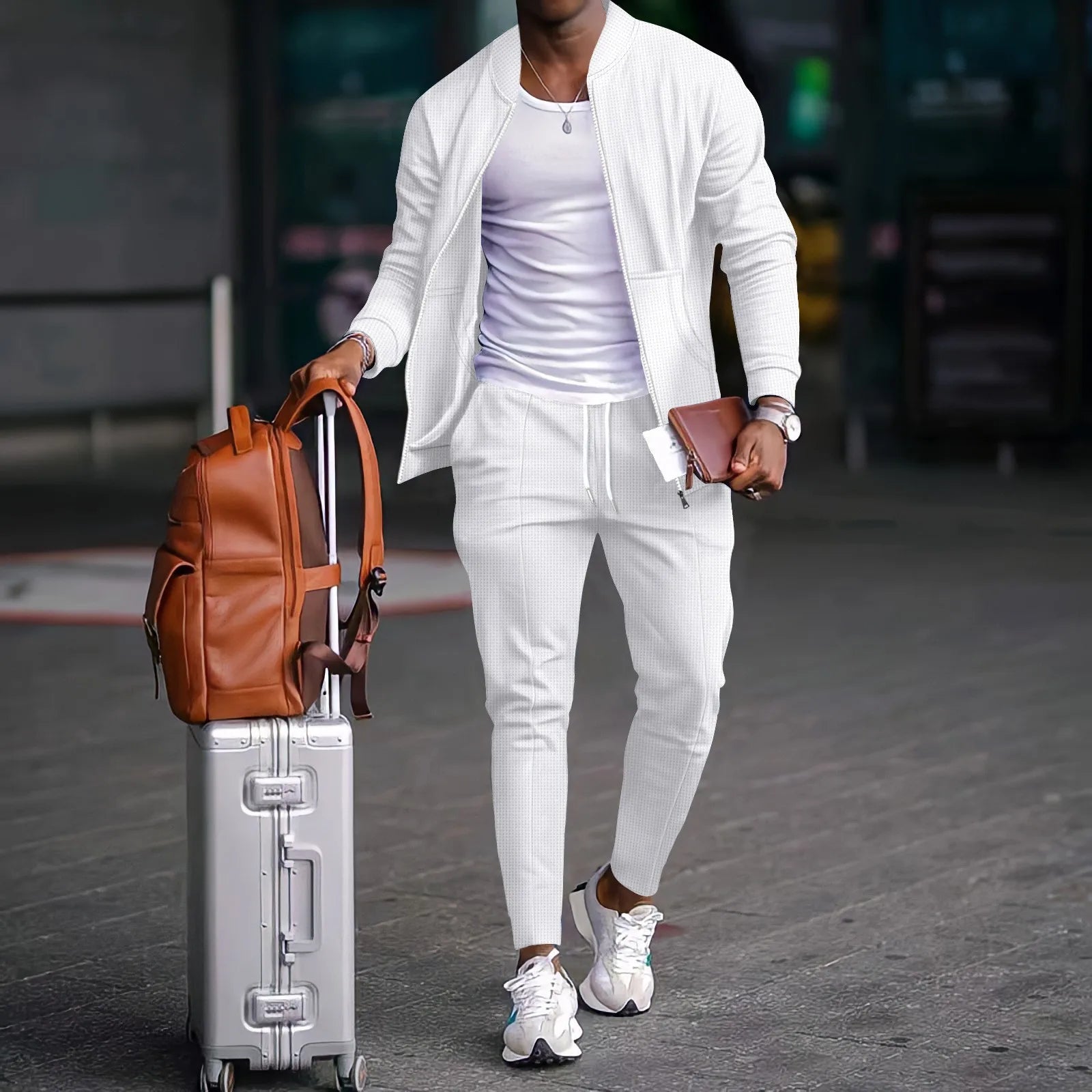 Men's stand collar, solid colour baseball casual, waffle full trousers, two men's suits, men's clothing, spring and fall 2026
