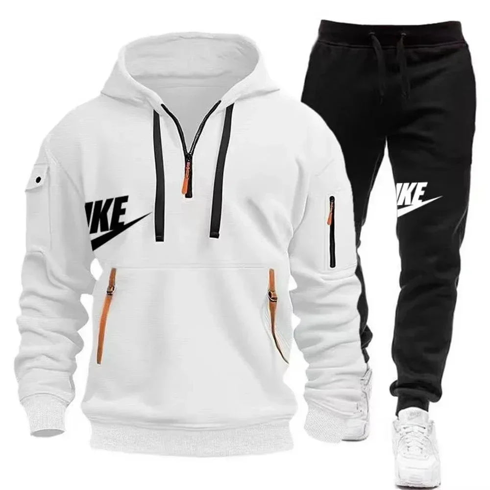 Men's casual sportswear warm suit with a zipper hoodie and trousers for autumn and winter