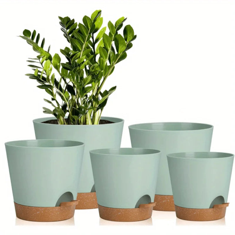 Five Nursery Planting Pot Plastic Self-Watering Planters with a Drainage Hole for Indoor Plants 7/6.5/6/5.5/5 Inches
