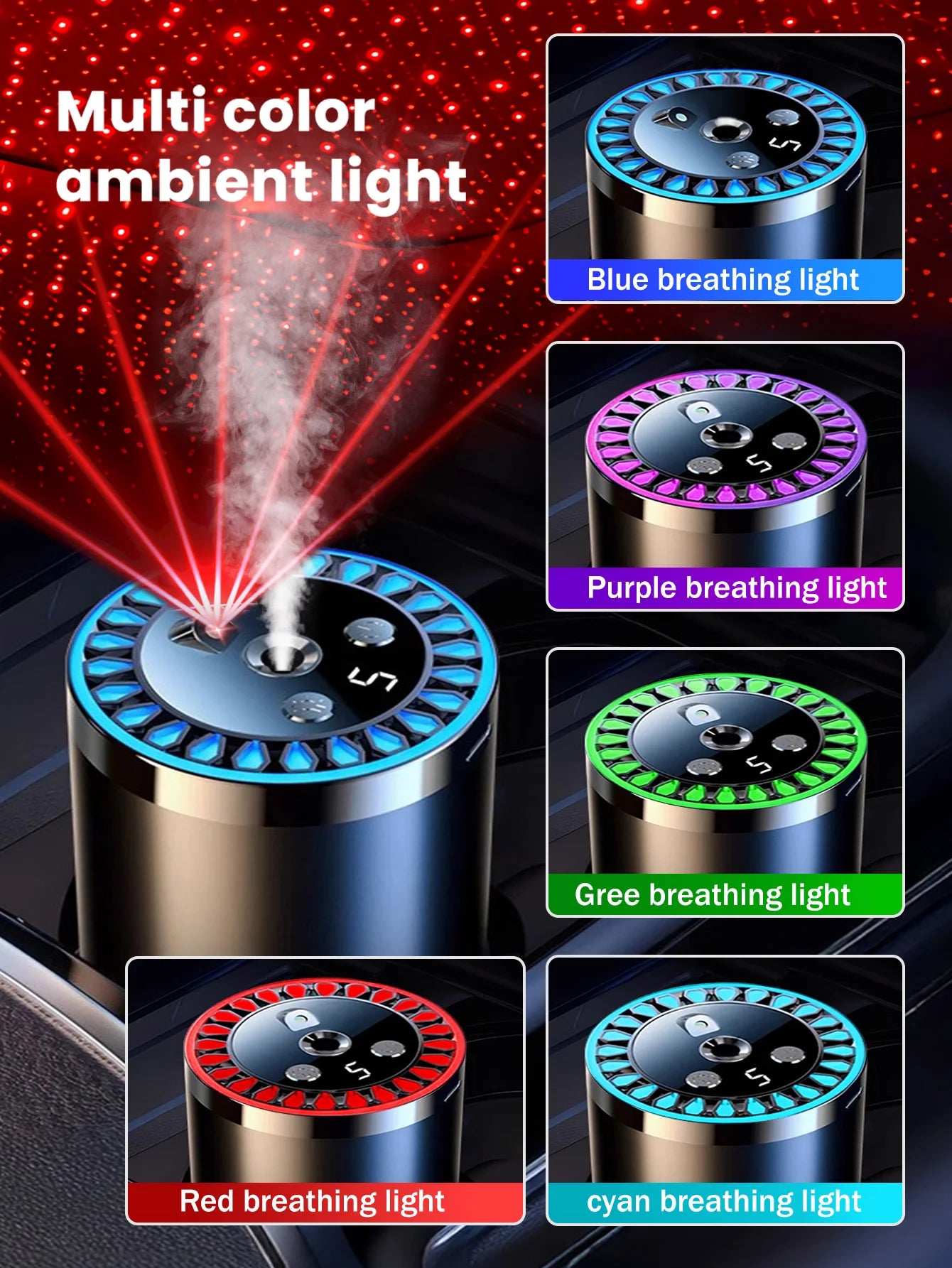 Five different kinds of essential oils, a car-mounted aroma diffuser, and a rechargeable multicoloured romantic starlight lamp