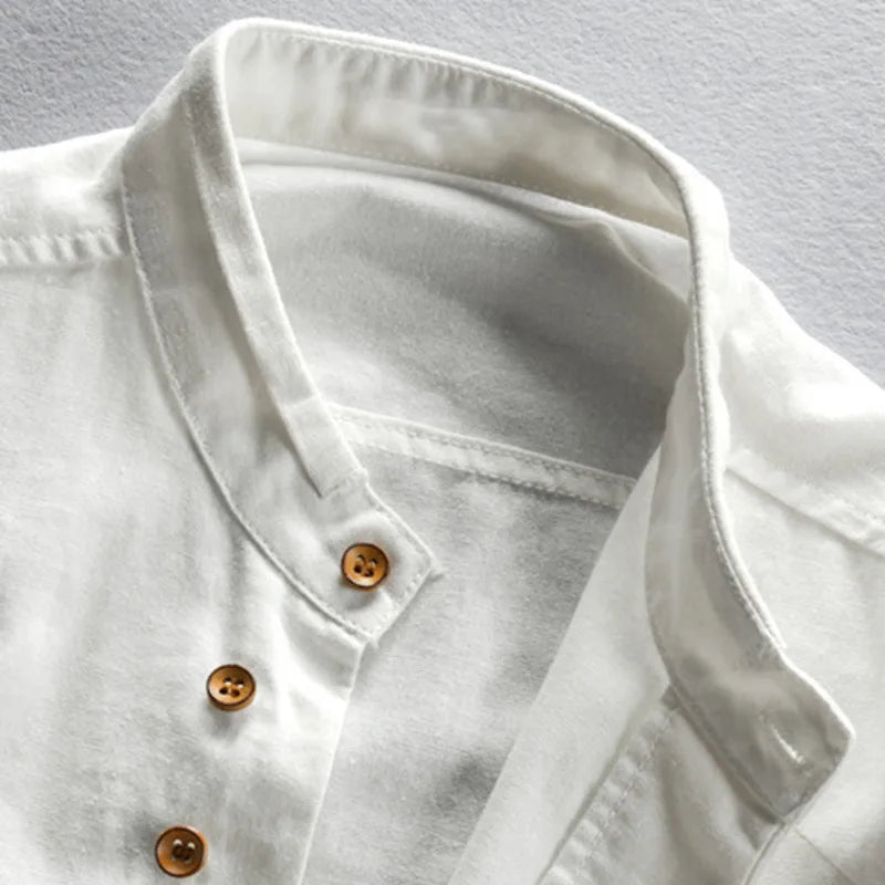 Long-sleeved, slim-fitting, solid-colored, casual, breathable, traditional men's linen cotton shirt with a Harajuku stand collar in a Japanese style