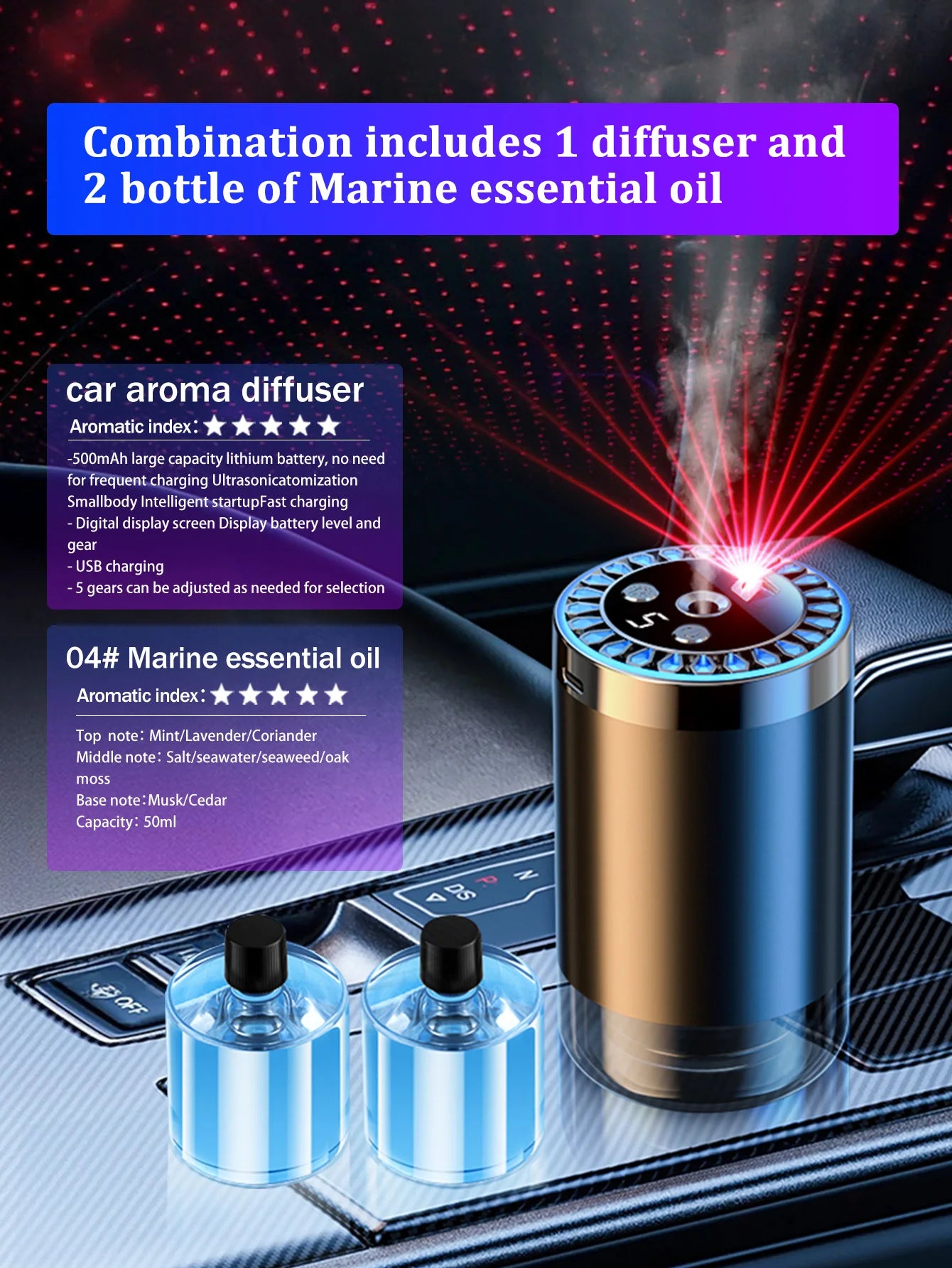 Five different kinds of essential oils, a car-mounted aroma diffuser, and a rechargeable multicoloured romantic starlight lamp