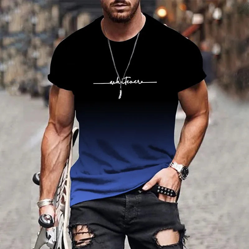 Men's Gradient Letter Printed Comfortable and Breathable Round-Neck T-Shirt for Outdoor Street Fashion in 2025