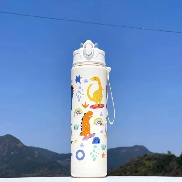 Kids' Summer Water Cup: 750ml Dinosaur Water Bottle with Silicone Straw and Leakproof Plastic Water Bottle