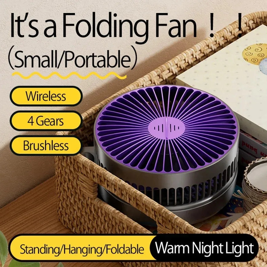 Foldable Desktop Fan, Compact Wall-Mounted Fan, Rechargeable, 4-Gear Adjustable Portable Air Circulation Fan with Warm Night Light