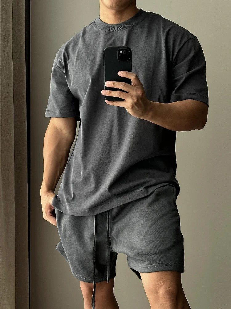 Men's Trendy European and American High Street Loose Sports and Leisure T-shirt, Pure Cotton Short Sleeved Shorts Set