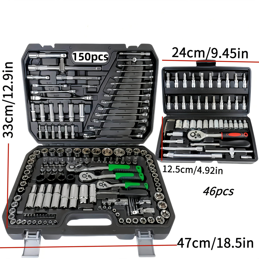 150/46 pieces of a multipurpose, auto-mechanical toolkit with a socket, wrench, and ratchet set