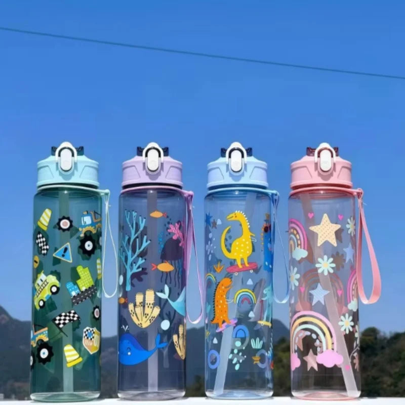 Kids' Summer Water Cup: 750ml Dinosaur Water Bottle with Silicone Straw and Leakproof Plastic Water Bottle