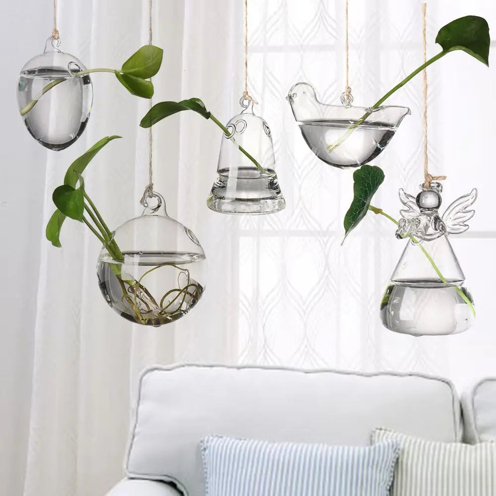 Adorable Glass Vase with Transparent Hanging Glass for Hydroponic Plant Pot Container, Birds, Angels, Peaches, and Water Droplets