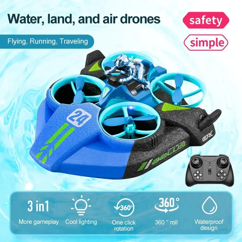 Children's RC Mini Drone Altitude Hold Headless Mode 3-in-1 Sea Land Air Flight 2.4G 6-Axis Quadcopter Boat RC Helicopter