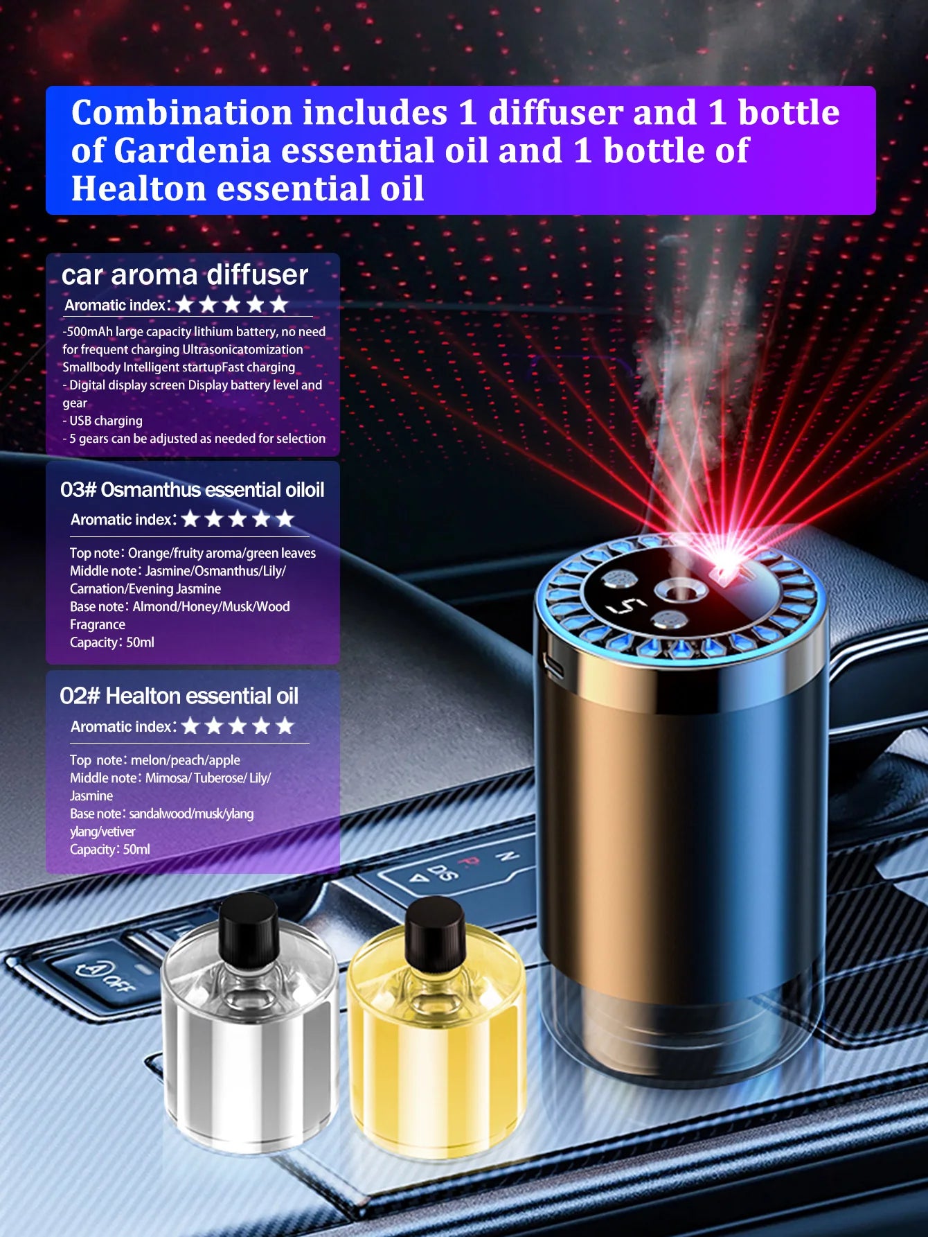 Five different kinds of essential oils, a car-mounted aroma diffuser, and a rechargeable multicoloured romantic starlight lamp